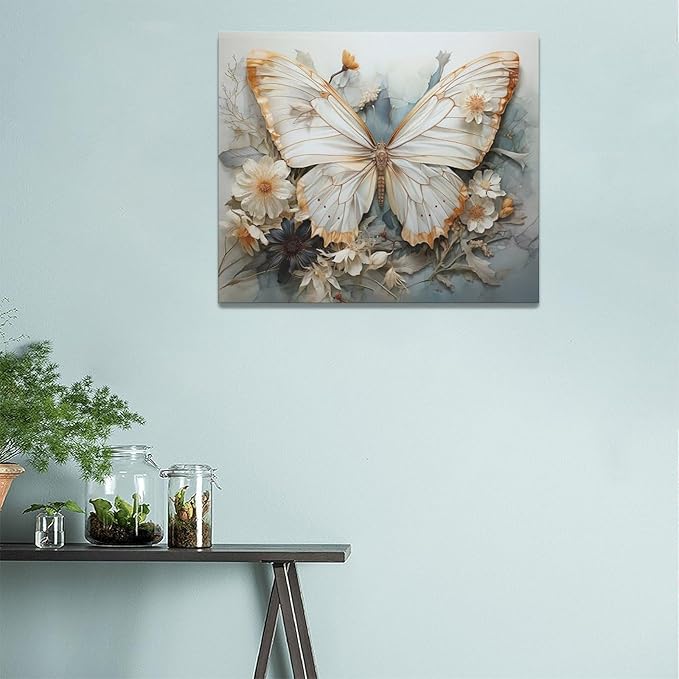 Butterfly Flower Decor Wall Art Aesthetic Butterfly Pictures Wall Decor Abstract Butterfly Floral Canvas Painting Modern Artwork Decorations Framed for Bathroom Living Room Bedroom Office 24x20inch
