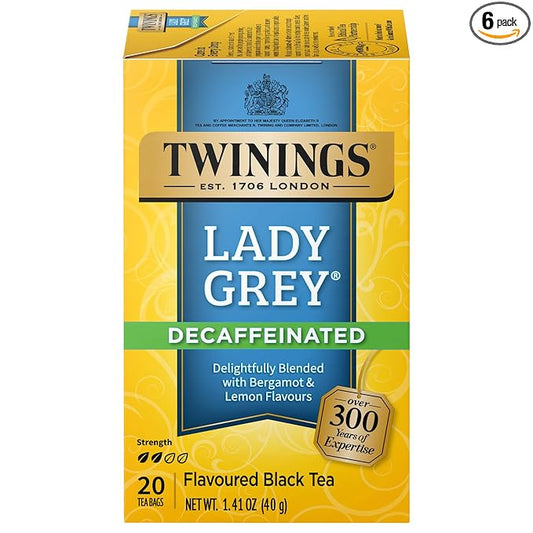 Twinings Decaffeinated Lady Grey Black Tea Individually Wrapped Bags, 20 Count (Pack of 6), Orange Peel & Lemon Peel, Enjoy Hot or Iced | Packaging May Vary