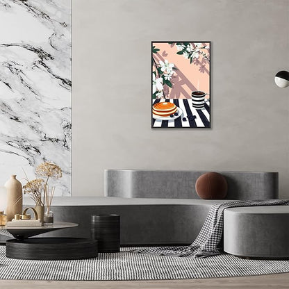 Vintage Dining Table Afternoon Tea Wall Art Funky Coffee Food Flowers Canvas Posters Cakes Bread Pastries Kitchen Prints Painting For Modern Home Dining Room Bakery Cafe Wall Decor 24x36in Framed