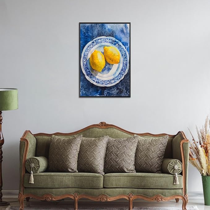 Vintage Yellow Fruit Orange Kitchen Wall Art Funky Blue Dining Table Plates Ceramics Canvas Posters Family Restaurant Food Fruits Prints Painting For Modern Living Room Wall Decor 16x24in Framed