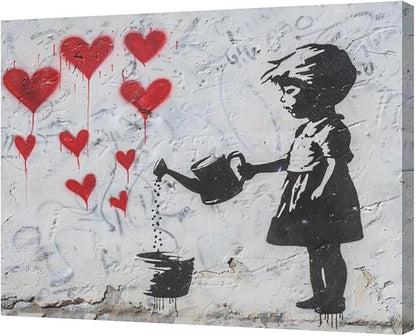 xiilo Banksy Girl Wall Art Heart Pictures Street Graffiti Canvas Wall Decor Kids Aesthetic Painting Pop Home Modern Artwork Decorations Framed for Living Room Bedroom Bathroom Office 24 x 20 inch