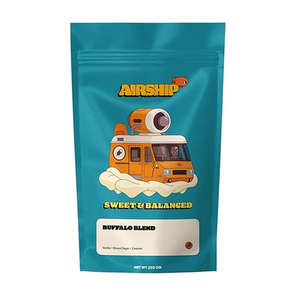 Airship Coffee Buffalo Blend Medium Roast, 250g - Flavor Notes of Vanilla, Brown Sugar, and Caramel - Sourced from Guatemala and Colombia - Roasted Whole Bean Coffee