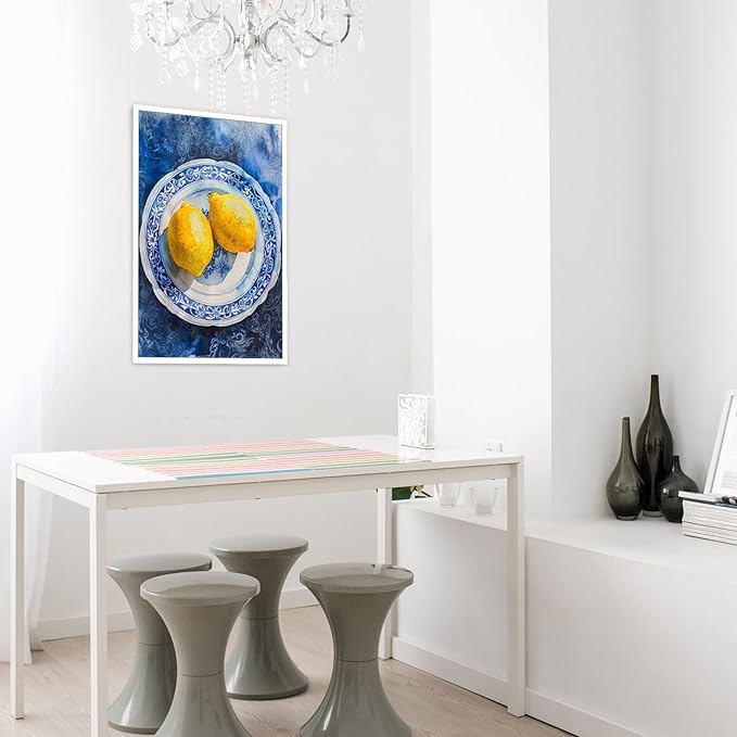 Vintage Yellow Fruit Orange Kitchen Wall Art Funky Blue Dining Table Plates Ceramics Canvas Posters Family Restaurant Food Fruits Prints Painting For Modern Living Room Wall Decor 16x24in Unframed
