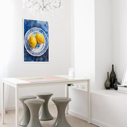Vintage Yellow Fruit Orange Kitchen Wall Art Funky Blue Dining Table Plates Ceramics Canvas Posters Family Restaurant Food Fruits Prints Painting For Modern Living Room Wall Decor 16x24in Unframed