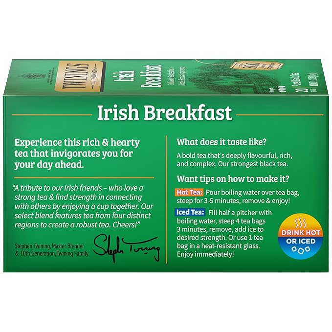 Twinings Irish Breakfast Black Tea Individually Wrapped Bags, 20 Count (Pack of 6), Flavourful, Robust Black Tea, Caffeinated, Enjoy Hot or Iced | Packaging May Vary
