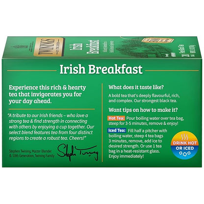 Twinings Irish Breakfast Black Tea Individually Wrapped Bags, 20 Count (Pack of 6), Flavourful, Robust Black Tea, Caffeinated, Enjoy Hot or Iced | Packaging May Vary