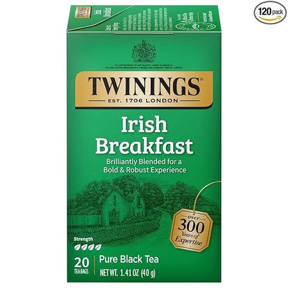 Twinings Irish Breakfast Black Tea Individually Wrapped Bags, 20 Count (Pack of 6), Flavourful, Robust Black Tea, Caffeinated, Enjoy Hot or Iced | Packaging May Vary