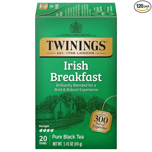 Twinings Irish Breakfast Black Tea Individually Wrapped Bags, 20 Count (Pack of 6), Flavourful, Robust Black Tea, Caffeinated, Enjoy Hot or Iced | Packaging May Vary