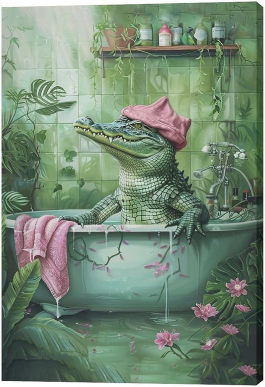 Bathroom Crocodile Wall Art Alligator Bathroom Pictures Wall Decor Funny Toilet Bathroom Canvas Painting Home Modern Artwork Decorations Framed for Restroom 20 x 24 inch