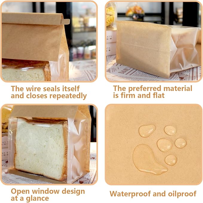 Heavy Duty Large Kraft Paper Bread Bags with Tin Tie Tab Lock 50pcs, Loaf Bag with Clear Front Window, Storage Packaging Treat Bag for Bakery Cafe Homemade Bread 10.6” × 4.3” × 8.7”
