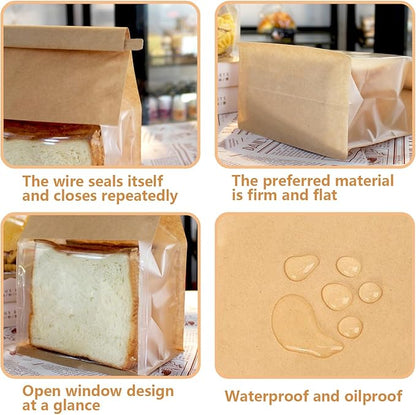 Heavy Duty Large Kraft Paper Bread Bags with Tin Tie Tab Lock 50pcs, Loaf Bag with Clear Front Window, Storage Packaging Treat Bag for Bakery Cafe Homemade Bread 10.6” × 4.3” × 8.7”