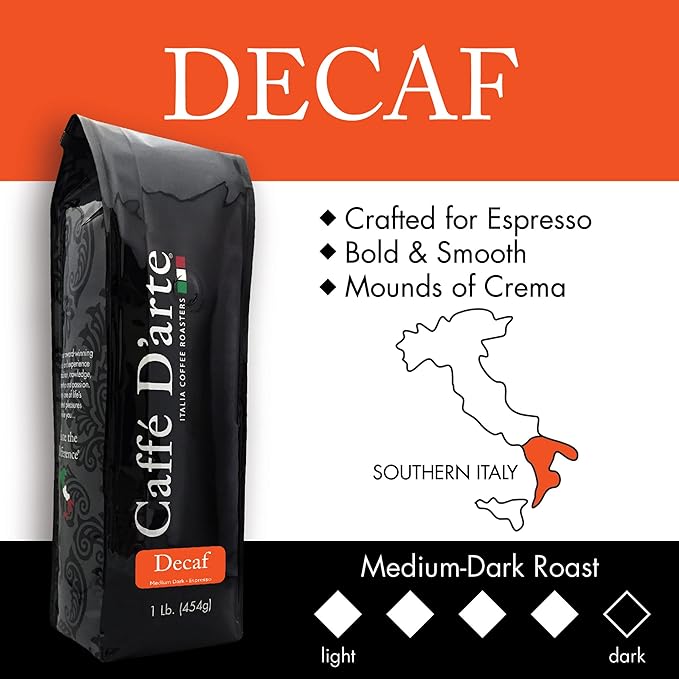 Caffe D'arte Decaf Whole Bean Espresso Coffee, 1 Pound, Pack of 2
