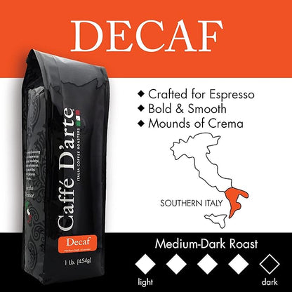 Caffe D'arte Decaf Whole Bean Espresso Coffee, 1 Pound, Pack of 2