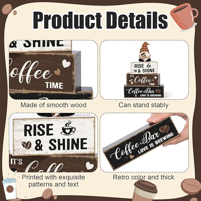 Blosssound 4 Pcs Coffee Bar Table Decorations Centerpieces Coffee Bar Wooden Signs Farmhouse Brown White Gnome Café Rustic Wood Block Gifts for Tiered Tray Mantel Shelf Home Cafe Lover Party Kitchen