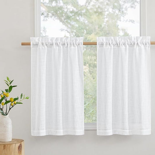 RYB HOME White Sheer Valances for Cafe Kitchen, Light Filtering Durability Farmhouse Linen Textured Curtains for Small Short Window Living Room Glass Door, W 34 x L 30 inches, White, 2 Panels