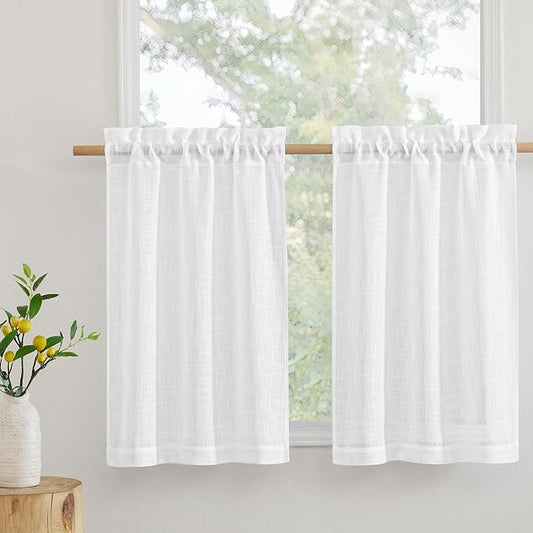 RYB HOME White Sheer Valances for Cafe Kitchen, Light Filtering Durability Farmhouse Linen Textured Curtains for Small Short Window Living Room Glass Door, W 34 x L 30 inches, White, 2 Panels