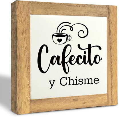 Coffee Wood Plaque Sign, Cafecito y Chisme, Box Wood Plaques Desk Décor, Rustic Kitchen Home Decor, Tea Room Decor, Decor Sign for Coffee Bar Home Office Kitchen, Coffee Lover Gift, 5.9×5.9inch D