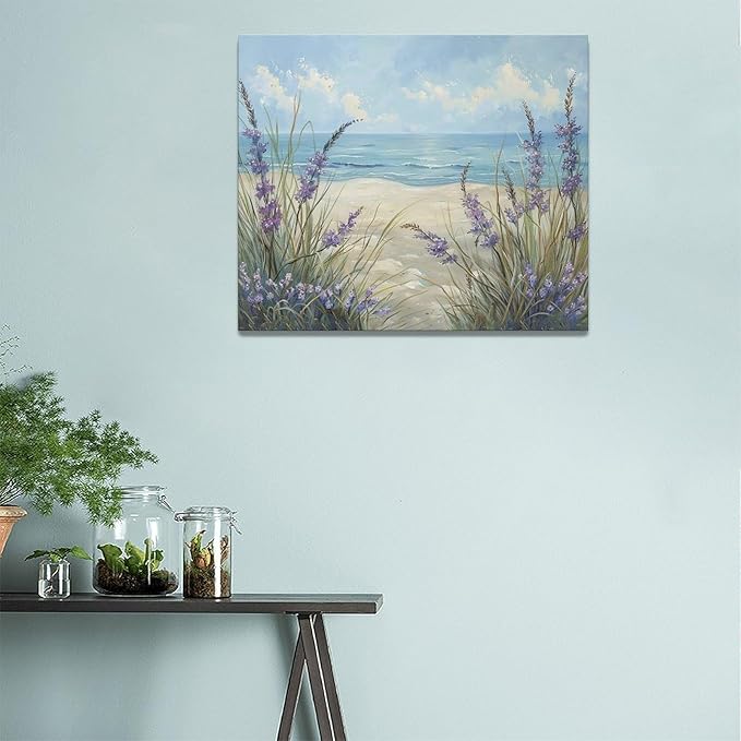 Beach Ocean Wall Art Coastal Flower Pictures Wall Decor Abstract Watercolor Seaside Canvas Painting Beach Floral Artwork for Bathroom Living Room Bedroom Kitchen Office 24 x 20 inch
