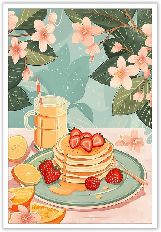 Vintage Food Afternoon Tea Kitchen Wall Art Funny Drinks Fruits Food Pastries Canvas Posters Funky Pink Strawberry Cake Orange Flowers Prints Painting For Living Room Wall Decor 8x10in Unframed