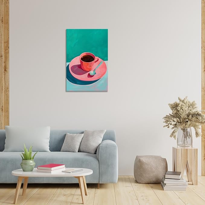 Vintage Afternoon Tea Black Coffee Wall Art Funky Pink Dinner Plate Food Canvas Posters Kitchen Coffee Pictures Prints Painting For Modern Home Dining Room Cafe Restaurant Wall Decor 8x10in Framed