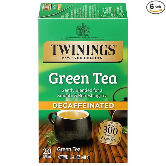 Twinings Decaffeinated Green Tea Individually Wrapped Bags, 20 Count (Pack of 6), Smooth Flavour, Enticing Aroma, Enjoy Hot or Iced | Packaging May Vary