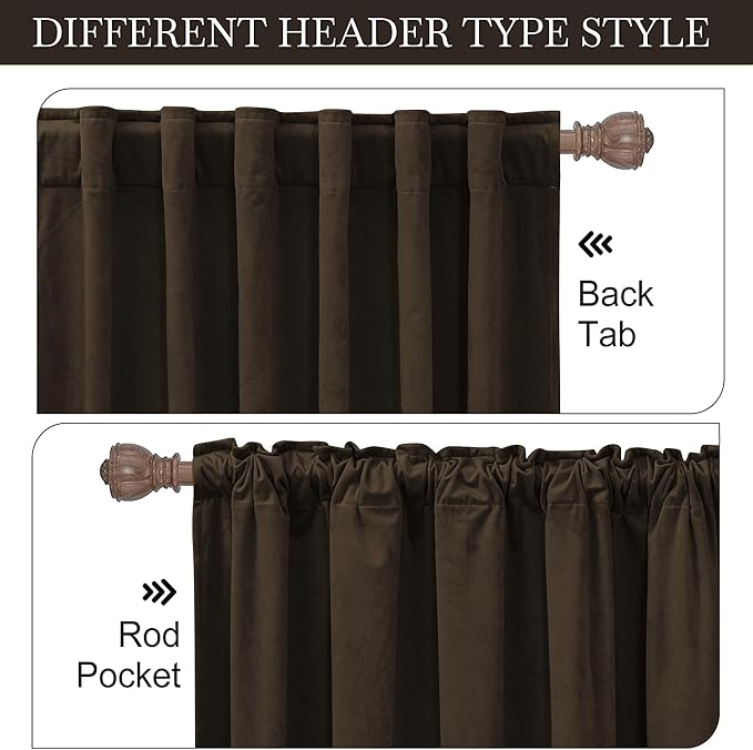 RYB HOME Dark Brown Velvet Curtains 72 inches, Back Tab Soft Fabric Room Darkening Thermal Insulated Luxurious Home Decor Curtains for Living Room Bedroom, W 52" x L 72", 2 Panels Set