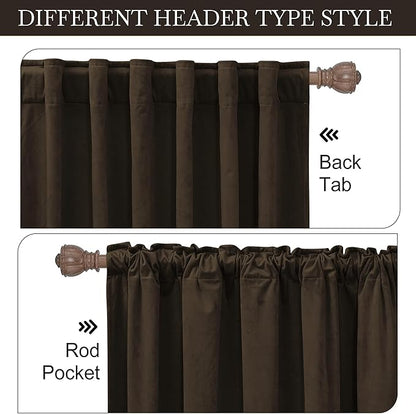 RYB HOME Brown Velvet Curtains 102 inches, Back Tab Soft Fabric Room Darkening Thermal Insulated Luxurious Home Decor Curtains for Living Room Bedroom, W 52" x L 102", 2 Panels Set