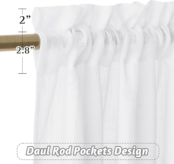 RYB HOME White Sheer Valances for Cafe Kitchen, Light Filtering Durability Farmhouse Linen Textured Curtains for Small Short Window Living Room Glass Door, W 34 x L 30 inches, White, 2 Panels