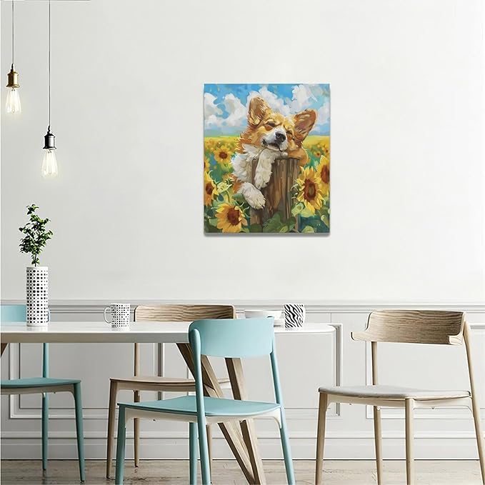 Dog Wall Art Country Sunflower Funny Corgi Pictures Wall Decor Farmhouse Canvas Painting Print Home Modern Artwork Decorations Framed for Bathroom Living Room Bedroom Office 20 x 24 inch