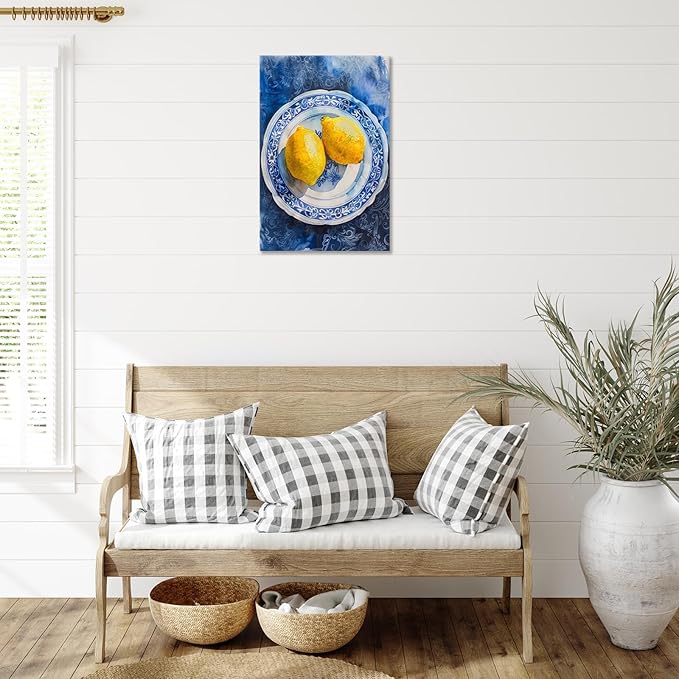 Vintage Yellow Fruit Orange Kitchen Wall Art Funky Blue Dining Table Plates Ceramics Canvas Posters Family Restaurant Food Fruits Prints Painting For Modern Living Room Wall Decor 8x10in Framed