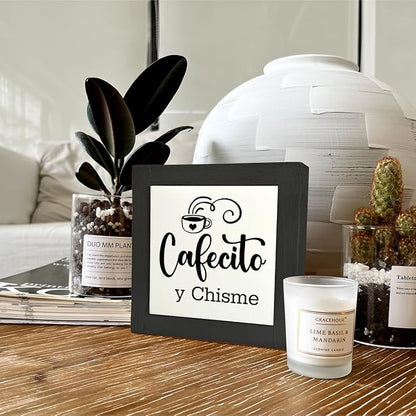 Coffee Wood Plaque Sign, Cafecito y Chisme, Box Wood Plaques Desk Décor, Rustic Kitchen Home Decor, Tea Room Decor, Decor Sign for Coffee Bar Home Office Kitchen, Coffee Lover Gift, 5.9×5.9inch C