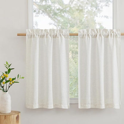 RYB HOME Flax Linen Curtains 24 inch Length, Semi Sheer Window Topper Tiers for Home Office Guest Room Cabinet, Rod Pocket Breathable Privacy Assured, W 42 x L 24 inches, Linen, 2 Panels