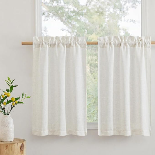 RYB HOME Bathroom Linen Blend Curtains for Small Short Windows, Light Filtering Durability Farmhouse Linen Semi Sheer Curtains for Bedroom Cafe Kitchen, W 42 x L 30 inches, Linen, 2 Panels