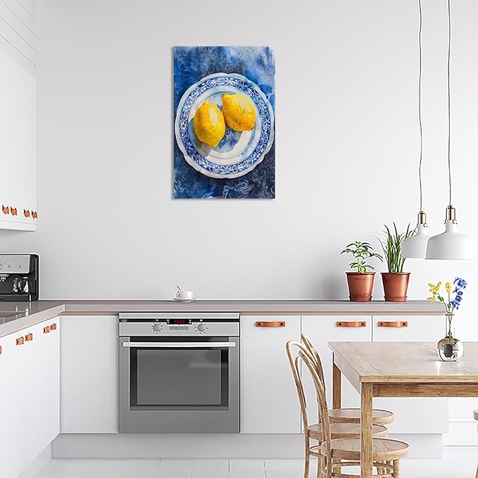 Vintage Yellow Fruit Orange Kitchen Wall Art Funky Blue Dining Table Plates Ceramics Canvas Posters Family Restaurant Food Fruits Prints Painting For Modern Living Room Wall Decor 8x10in Framed
