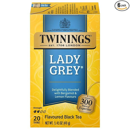 Twinings Lady Grey Black Tea Individually Wrapped Bags, 20 Count (Pack of 6), Orange & Lemon Peel with a Hint of Bergamot, Caffeinated, Enjoy Hot or Iced | Packaging May Vary