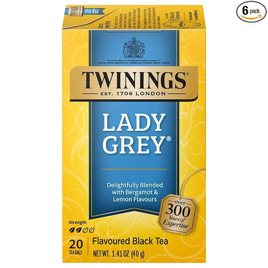 Twinings Lady Grey Black Tea Individually Wrapped Bags, 20 Count (Pack of 6), Orange & Lemon Peel with a Hint of Bergamot, Caffeinated, Enjoy Hot or Iced | Packaging May Vary