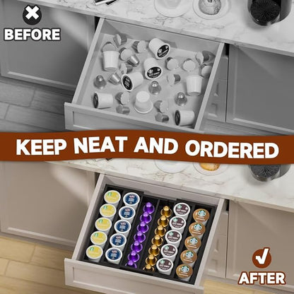 Coffee Pod Holder Drawer, Bamboo Expandable K Cup Holder Vertuo Coffee Capsules Organizer, Tea Bag K Cup Drawer Organizer for Coffee Station Home Kitchen Black, Medium