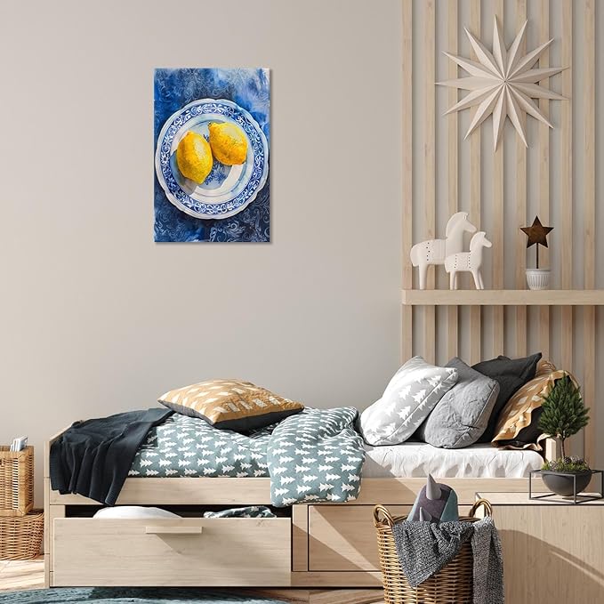 Vintage Yellow Fruit Orange Kitchen Wall Art Funky Blue Dining Table Plates Ceramics Canvas Posters Family Restaurant Food Fruits Prints Painting For Modern Living Room Wall Decor 8x10in Framed