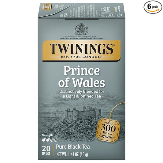 Twinings Prince of Wales Black Tea Individually Wrapped Bags, 20 Count (Pack of 6), Velvety Smooth & Mild, Caffeinated, Enjoy Hot or Iced | Packaging May Vary