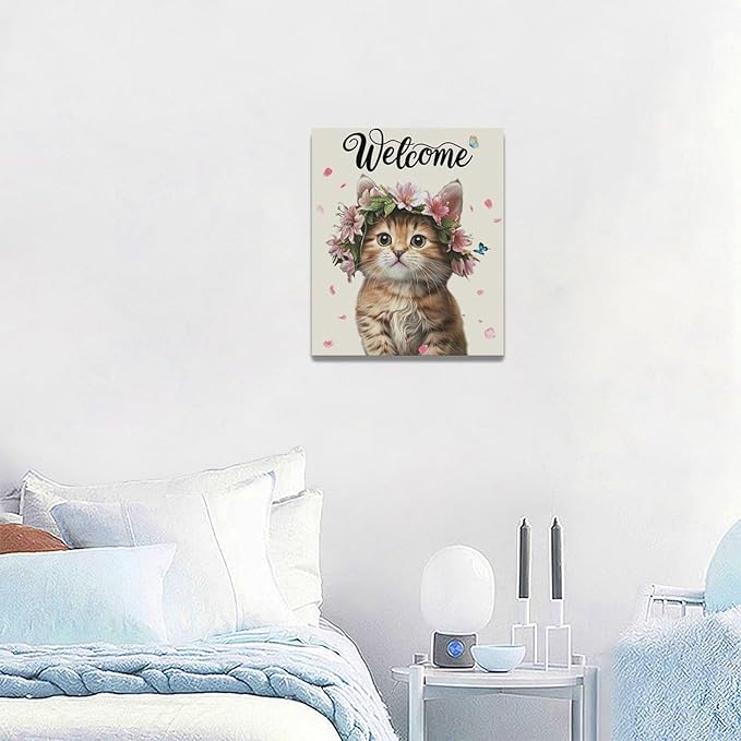 Cat Wall Art Welcome Cats Pictures Wall Decor Flower Cat Canvas Painting Home Modern Artwork Decorations Framed for Bathroom Living Room Bedroom Office 20 x 24 inch