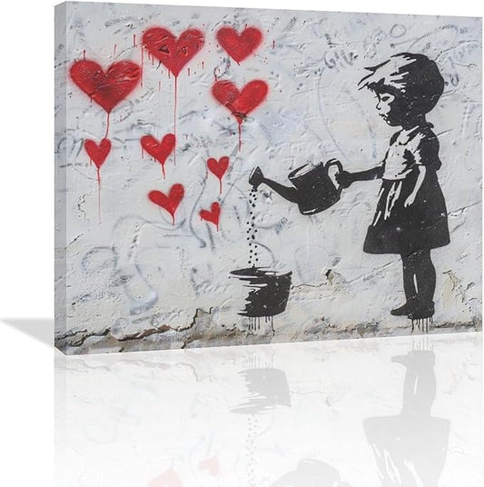 xiilo Banksy Girl Wall Art Heart Pictures Street Graffiti Canvas Wall Decor Kids Aesthetic Painting Pop Home Modern Artwork Decorations Framed for Living Room Bedroom Bathroom Office 24 x 20 inch