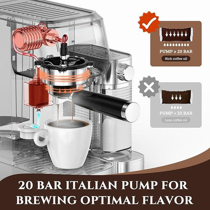AMZCHEF Espresso Machine with LCD Display, 20 Bar Cappuccino Machines with Automatic Milk Frother for Home Gifts, Latte Coffee Maker with Dual Wall & Filters, Stainless Steel Style Pink