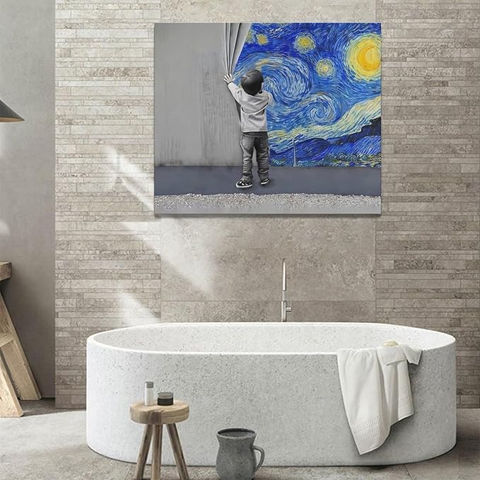 xiilo Banksy Wall Art Boys Starry Night Street Graffiti Pictures Wall Decor Kids Canvas Painting Pop Home Modern Artwork Decorations Framed for Living Room Bedroom Bathroom Office 24 x 20 inch