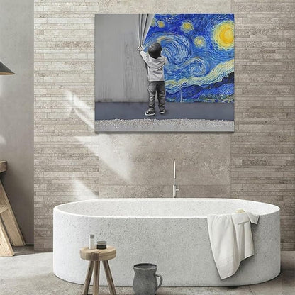 xiilo Banksy Wall Art Boys Starry Night Street Graffiti Pictures Wall Decor Kids Canvas Painting Pop Home Modern Artwork Decorations Framed for Living Room Bedroom Bathroom Office 24 x 20 inch