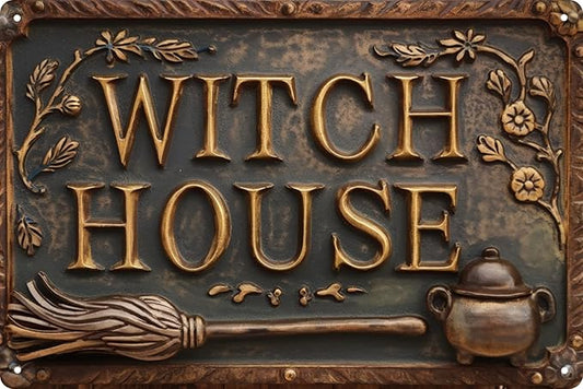 Witch House Vintage Metal Sign Decor Plaque 8x12 in Funny Retro Poster for Garage Porch Cafe Bar Woman Cave Living Room Garden Shop Wall Decor Gift for Halloween