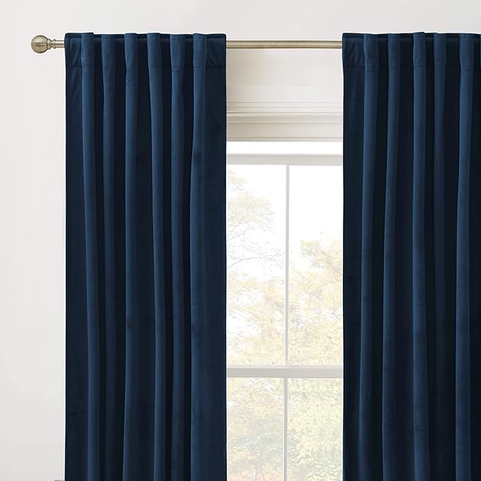 RYB HOME Navy Blue Velvet Curtains 80 inches, Back Tab Soft Fabric Room Darkening Thermal Insulated Luxurious Home Decor Curtains for Living Room Bedroom, W 52" x L 80", 2 Panels Set