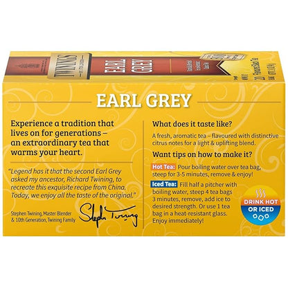 Twinings Earl Grey Black Tea Individually Wrapped Bags, 20 Count (Pack of 1), Flavoured with Citrus and Bergamot, Caffeinated, Enjoy Hot or Iced | Packaging May Vary