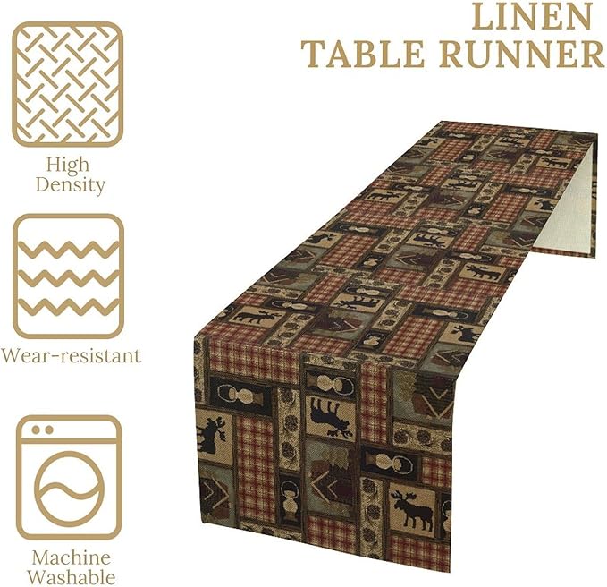 Country Cottage Table Runner, Vintage Bear Deer Elk Moose Rustic Style Linen Table Runner for Home Kitchen Table Decoration, 13x36 Inch