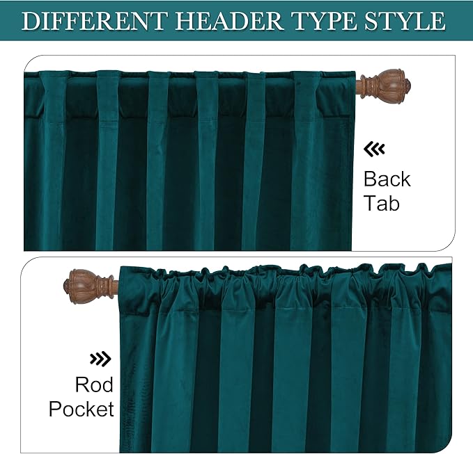 RYB HOME Teal Velvet Curtains 92 inches, Back Tab Soft Fabric Room Darkening Thermal Insulated Luxurious Home Decor Curtains for Living Room Bedroom, W 52" x L 92", 2 Panels Set
