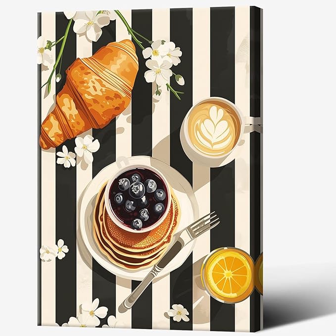 Vintage Black And White Kitchen Food Wall Art Funky Afternoon Tea Pastries Canvas Posters Colorful Cake Bread Oranges Prints Painting For Modern Dining Room Bakery Cafe Wall Decor 8x10in Framed